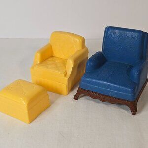 Vintage Renwal & Plasco Dollhouse Furniture Set Blue Armchair Yellow Armchair &